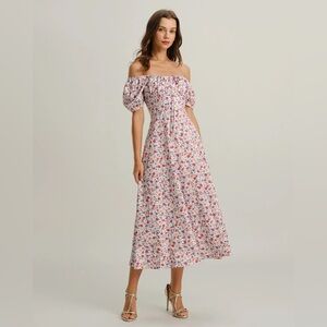 RIHOAS Grey Floral Square Neck Puffed Sleeve Midi Dress S